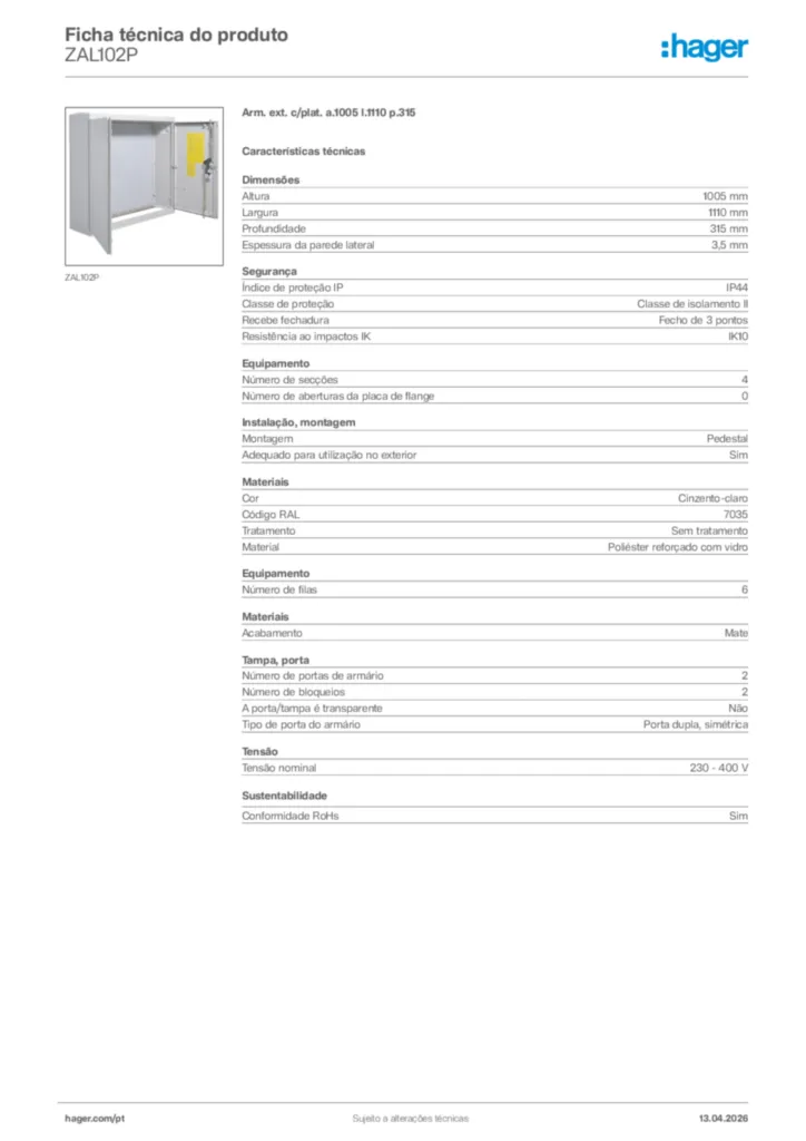 Imagem Hager Ficha técnica do produto ZAL102P | Hager Portugal