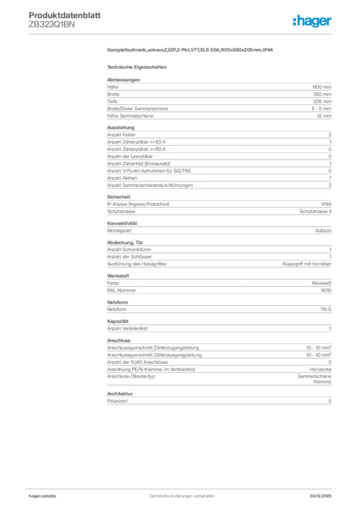 Bild Hager Produktdatenblatt ZB323Q1BN | Hager Deutschland