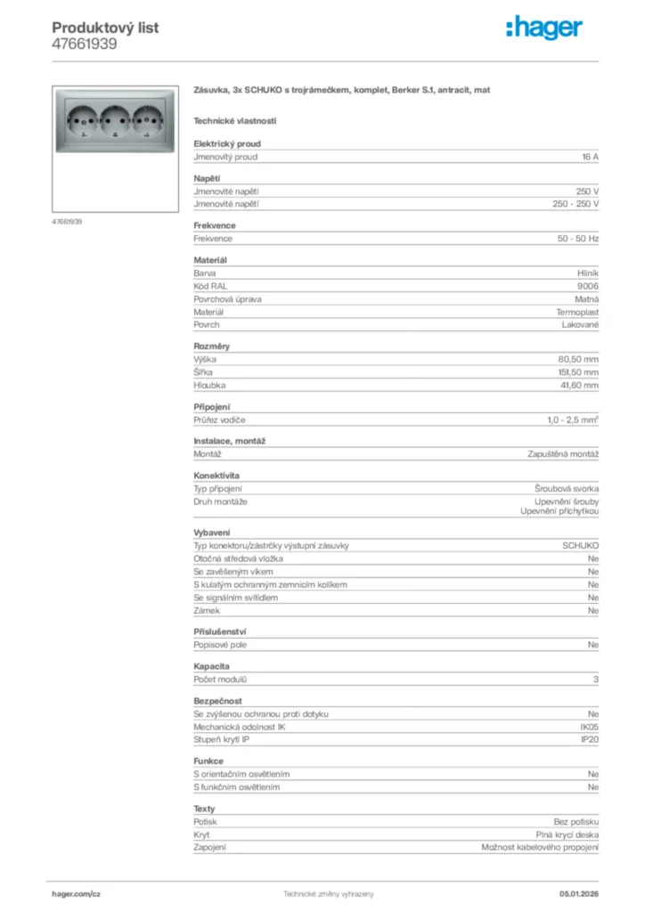 Obrázek Hager Product data sheet 47661939 | Hager