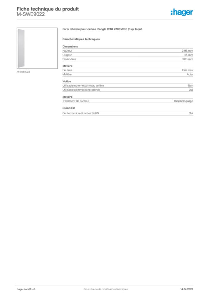 Image Hager Fiche technique du produit M-SWE9022 | Hager Suisse