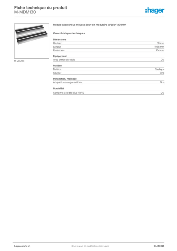 Image Hager Fiche technique du produit M-MDM130 | Hager Suisse