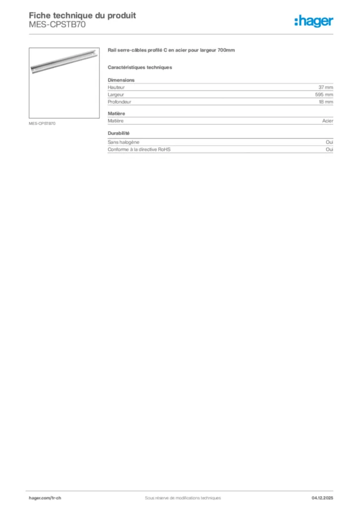 Image Hager Fiche technique du produit MES-CPSTB70 | Hager Suisse