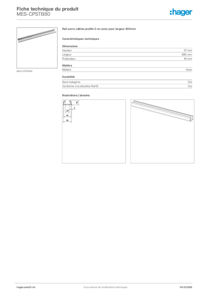 Image Hager Fiche technique du produit MES-CPSTB80 | Hager Suisse