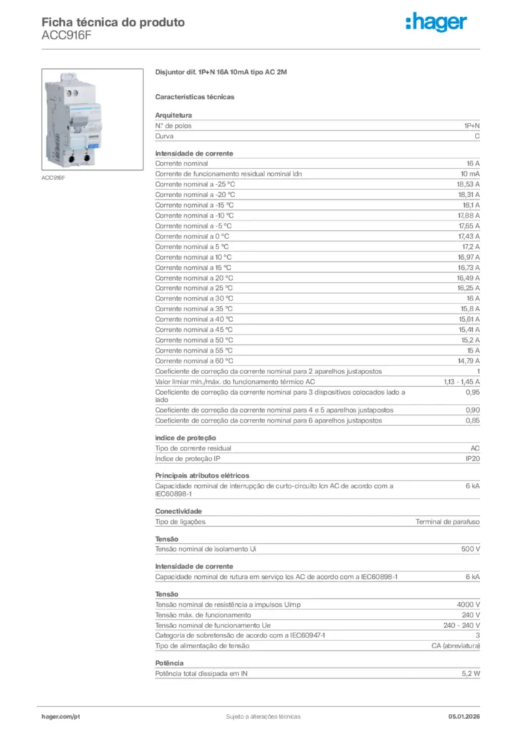Imagem Hager Ficha técnica do produto ACC916F | Hager Portugal