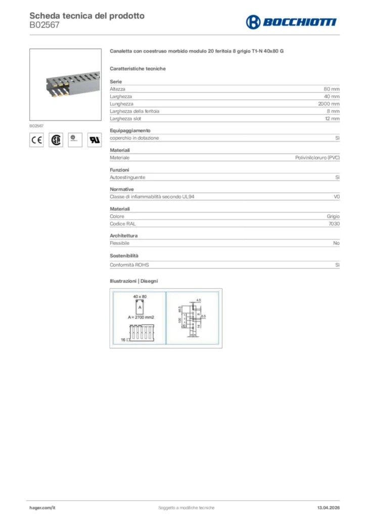Immagine Bocchiotti Scheda tecnica del prodotto B02567 | Hager Italia