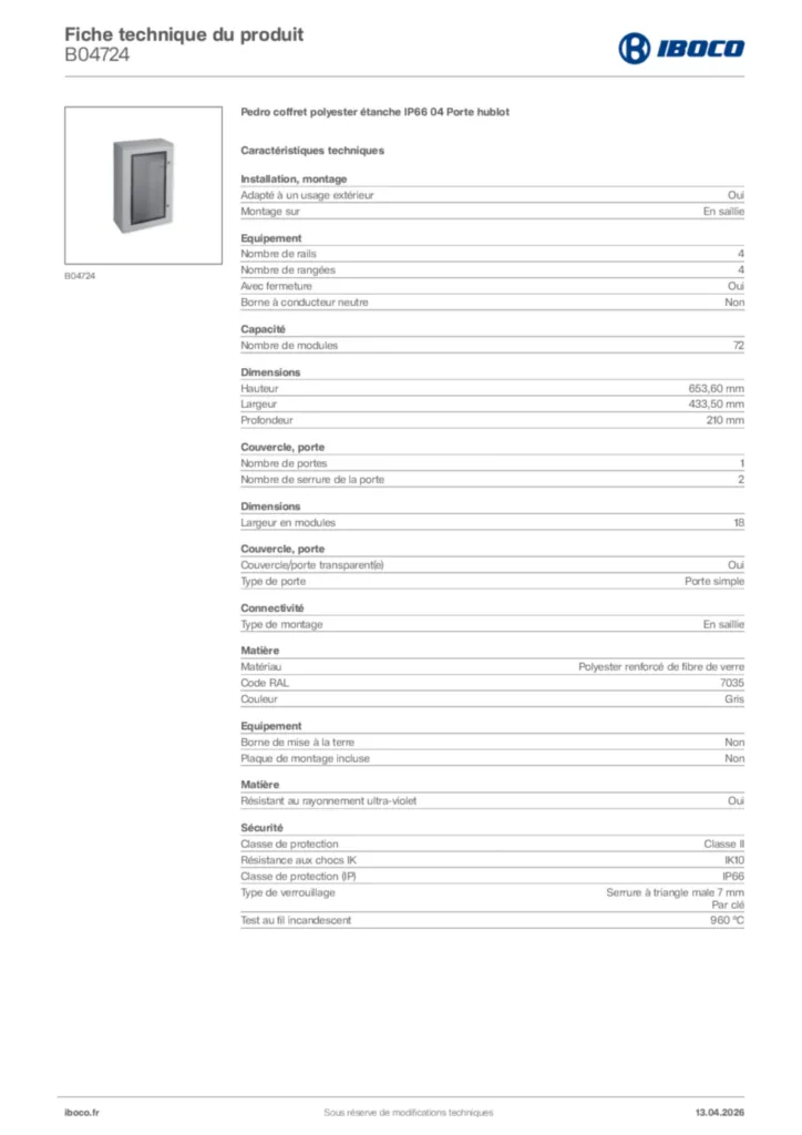 Image Iboco Fiche technique du produit B04724 | Hager France
