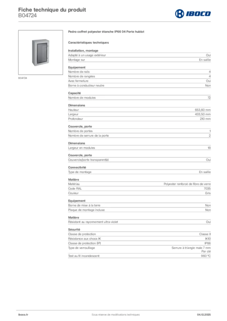 Image Iboco Fiche technique du produit B04724 | Hager France