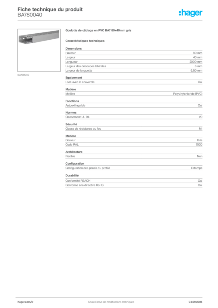 Image Hager Fiche technique du produit BA780040 | Hager France