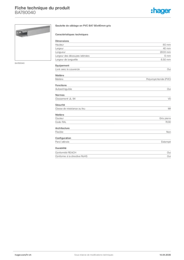 Image Hager Fiche technique du produit BA780040 | Hager Suisse