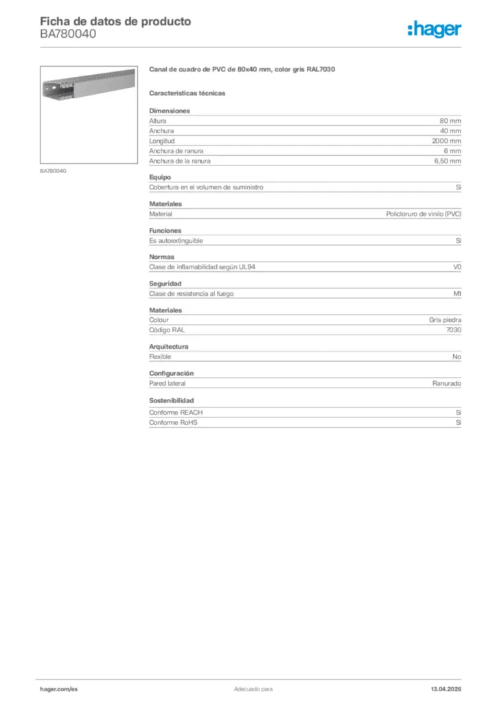 Imagen Hager Ficha de datos de producto BA780040 | Hager España