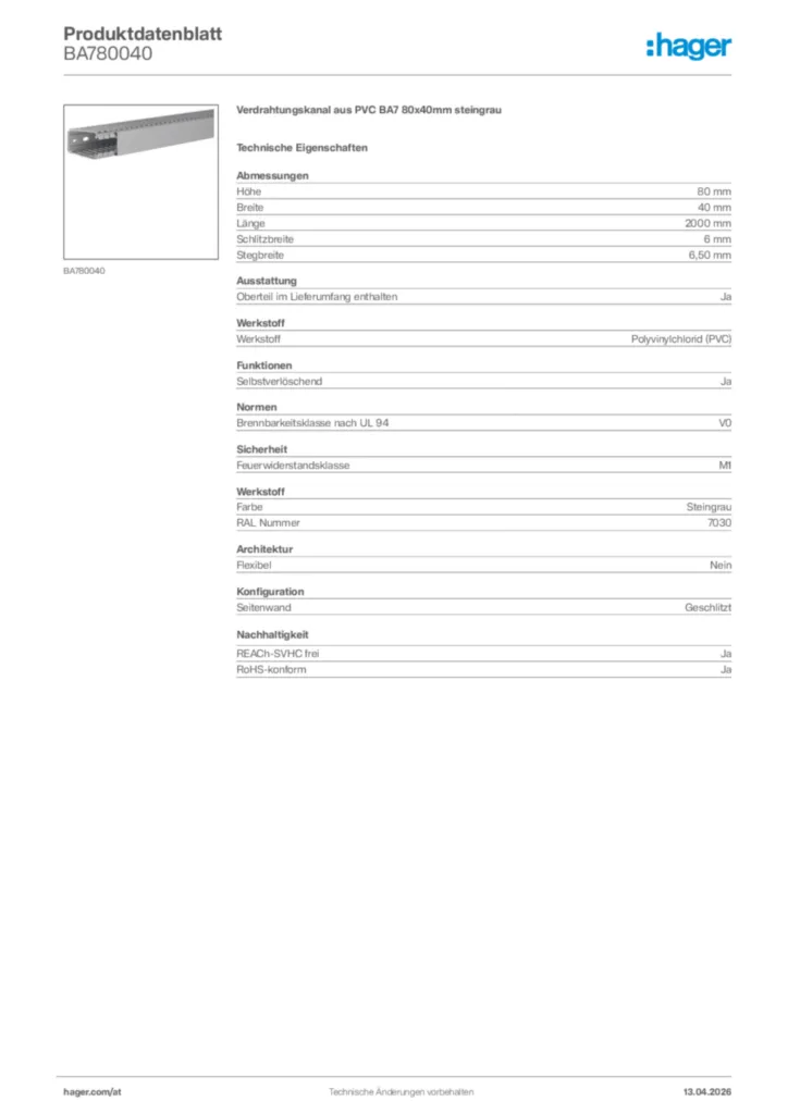 Bild Hager Produktdatenblatt BA780040 | Hager Deutschland