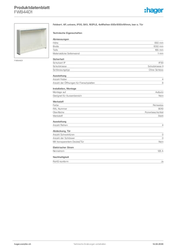 Bild Hager Produktdatenblatt FWB44D1 | Hager Schweiz