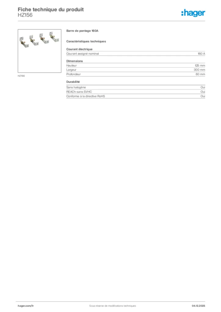 Image Hager Fiche technique du produit HZ156 | Hager France