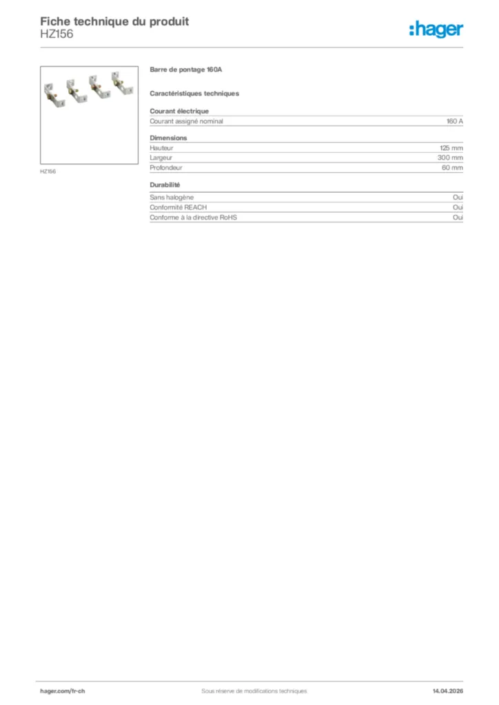 Image Hager Fiche technique du produit HZ156 | Hager Suisse