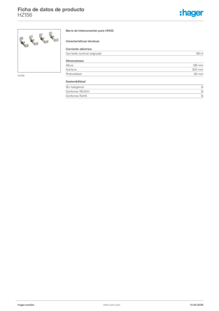 Imagen Hager Ficha de datos de producto HZ156 | Hager España