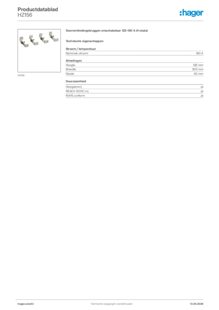 Afbeelding Hager Productdatablad HZ156 | Hager Nederland