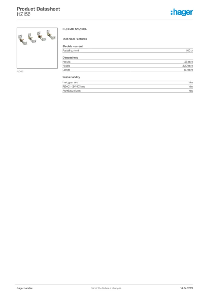 Image Hager Product data sheet HZ156  | Hager Australia