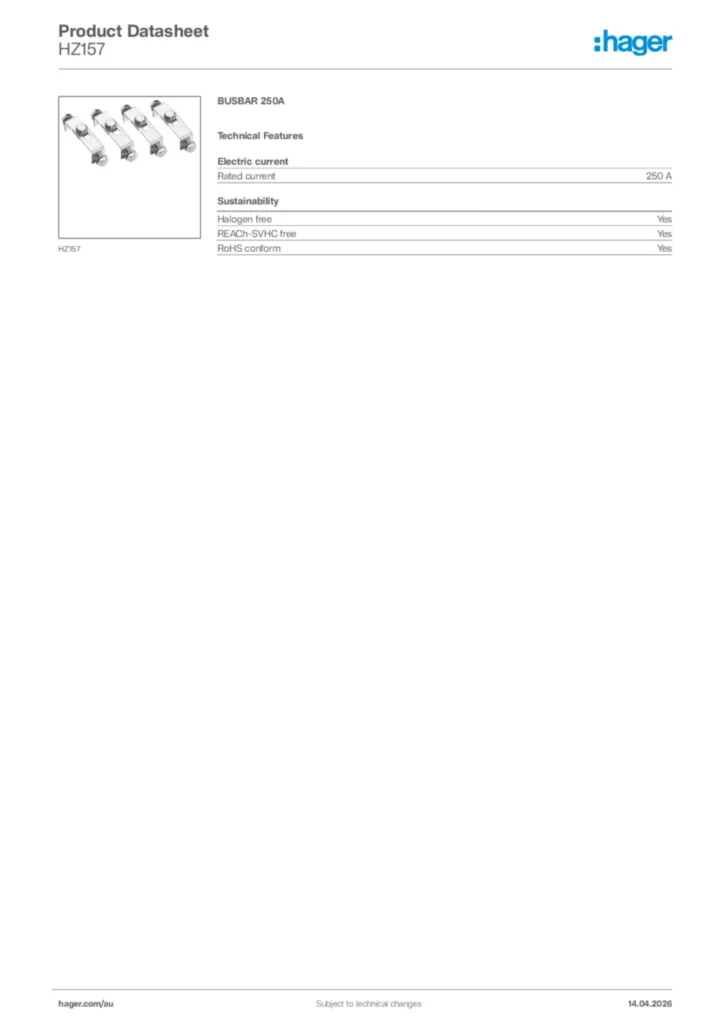 Image Hager Product data sheet HZ157  | Hager Australia