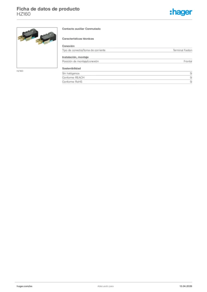 Imagen Hager Ficha de datos de producto HZ160 | Hager España
