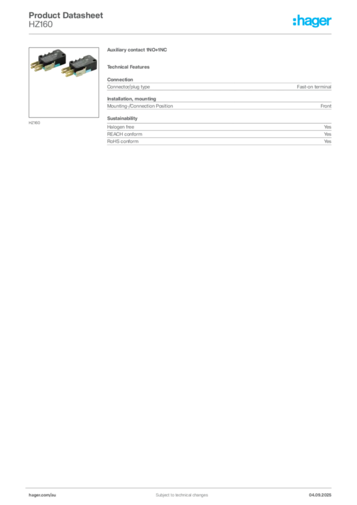 Image Hager Product data sheet HZ160  | Hager Australia