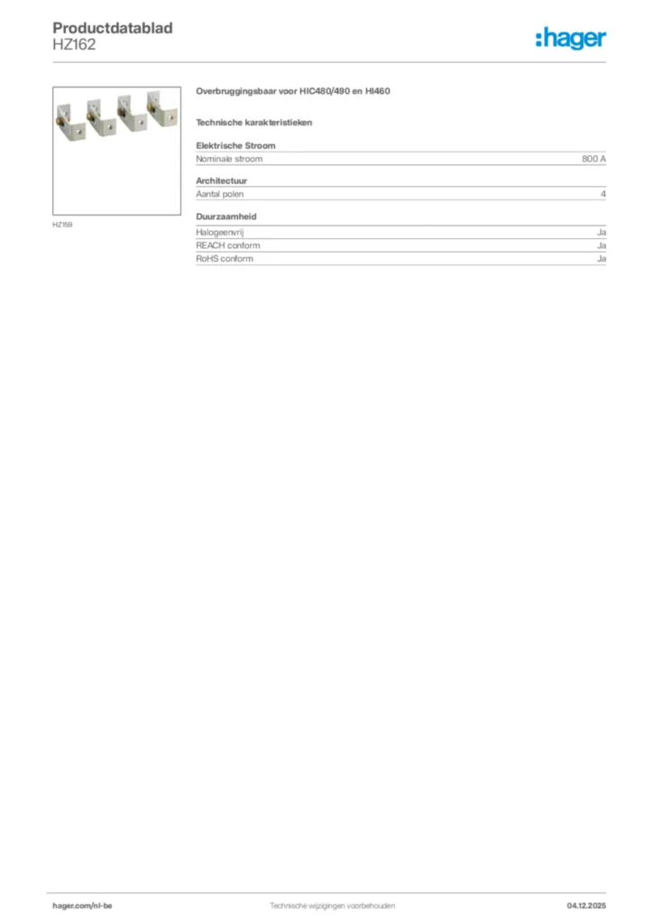 Afbeelding Hager Productdatablad HZ162 | Hager Belgium