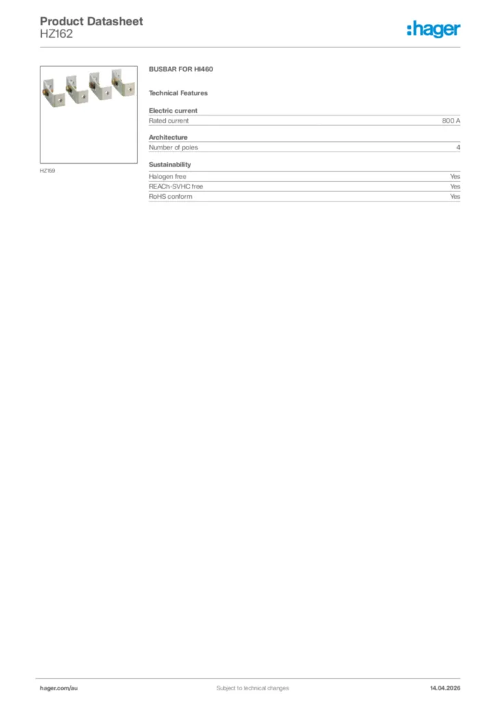 Image Hager Product data sheet HZ162  | Hager Australia