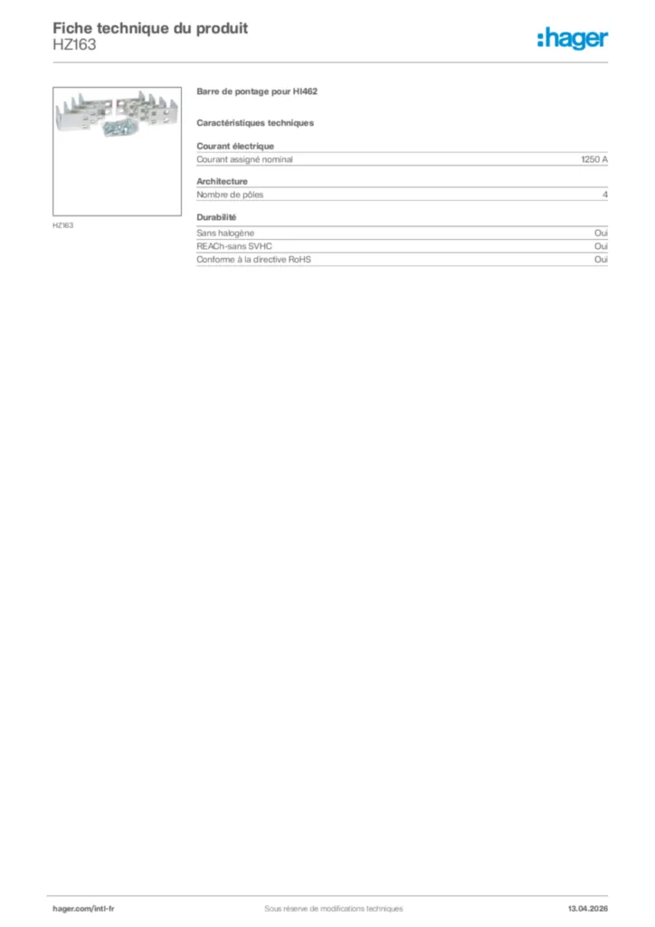 Image Hager Fiche technique du produit HZ163 | Hager Afrique
