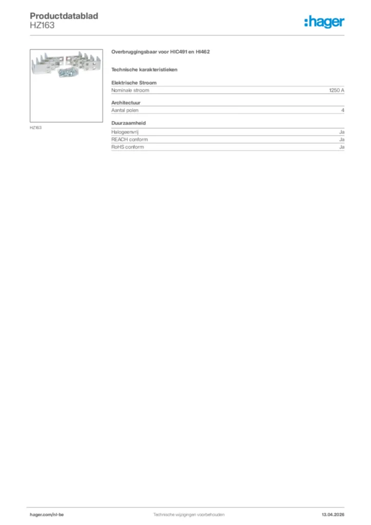 Afbeelding Hager Productdatablad HZ163 | Hager Belgium