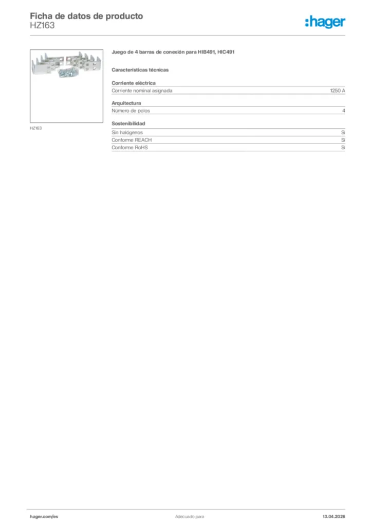 Imagen Hager Ficha de datos de producto HZ163 | Hager España