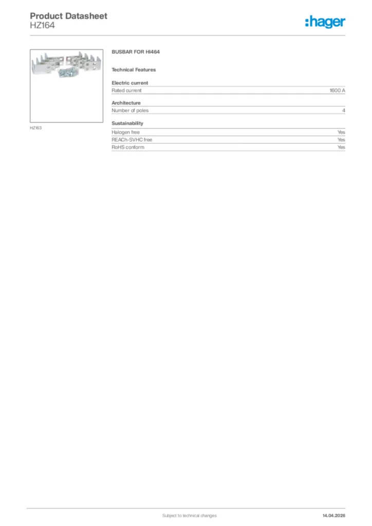 Image Hager Product data sheet HZ164  | Hager Africa