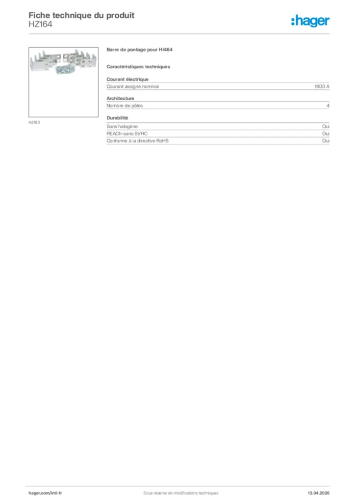 Image Hager Fiche technique du produit HZ164 | Hager Afrique