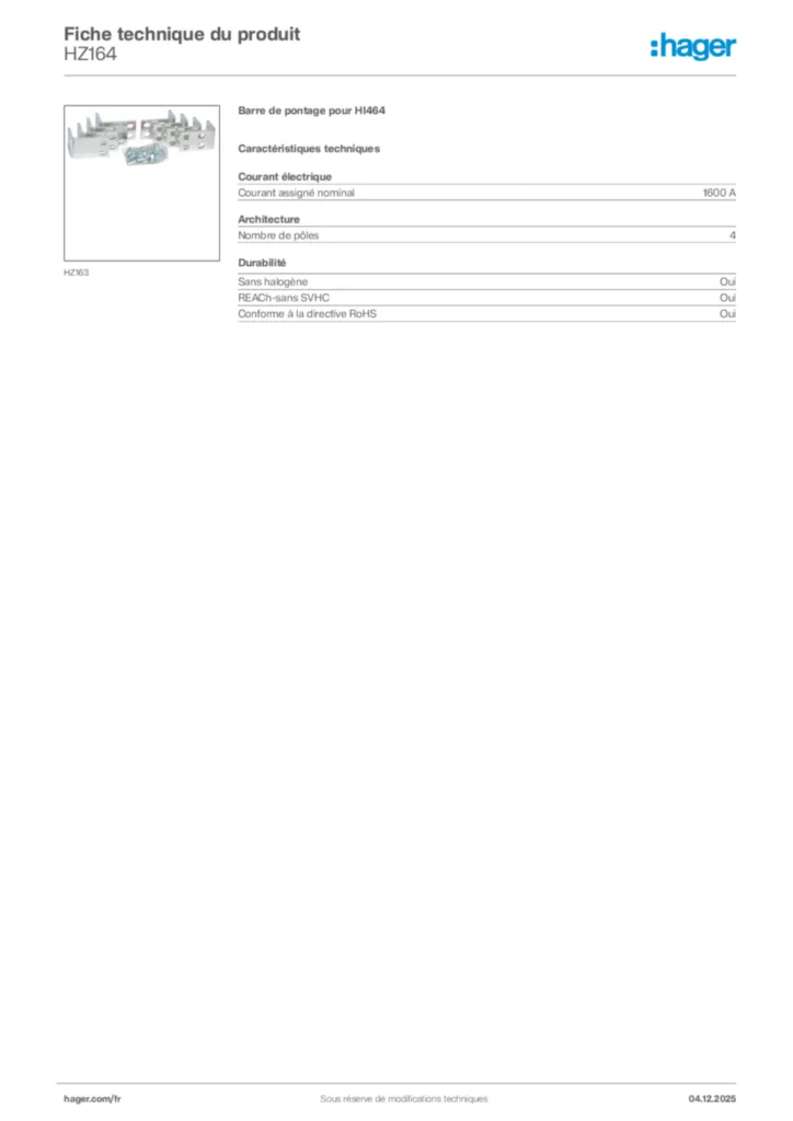 Image Hager Fiche technique du produit HZ164 | Hager France