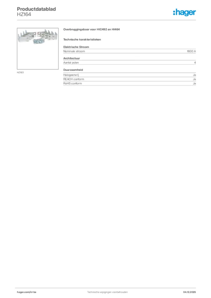 Afbeelding Hager Productdatablad HZ164 | Hager Belgium