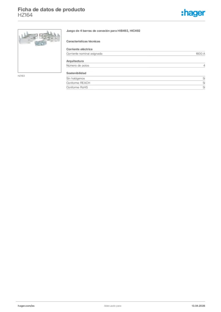 Imagen Hager Ficha de datos de producto HZ164 | Hager España