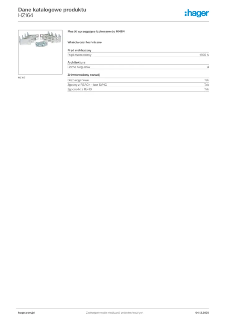 Zdjęcie Hager Dane katalogowe produktu HZ164 | Hager Polska