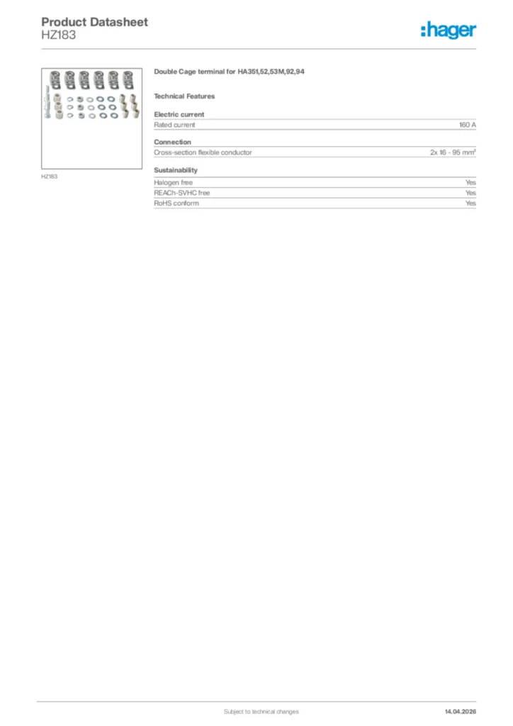 Image Hager Product data sheet HZ183  | Hager Africa