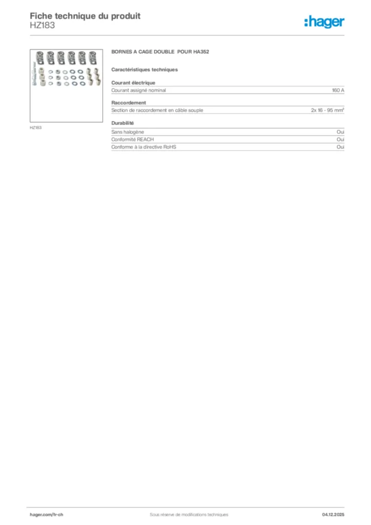 Image Hager Fiche technique du produit HZ183 | Hager Suisse