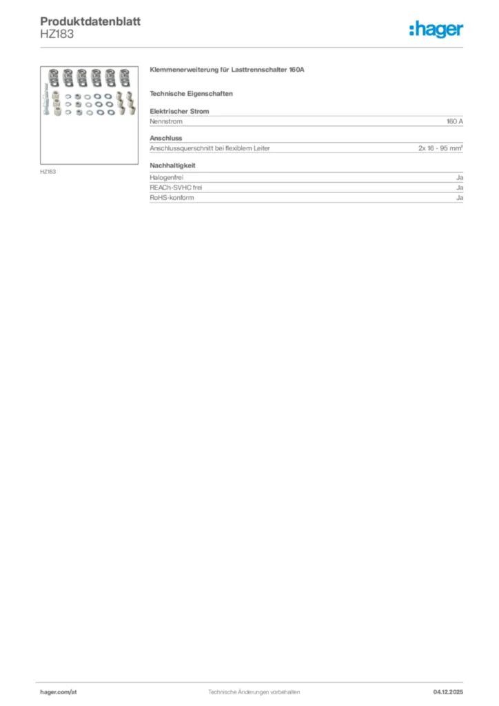 Bild Hager Produktdatenblatt HZ183 | Hager Deutschland