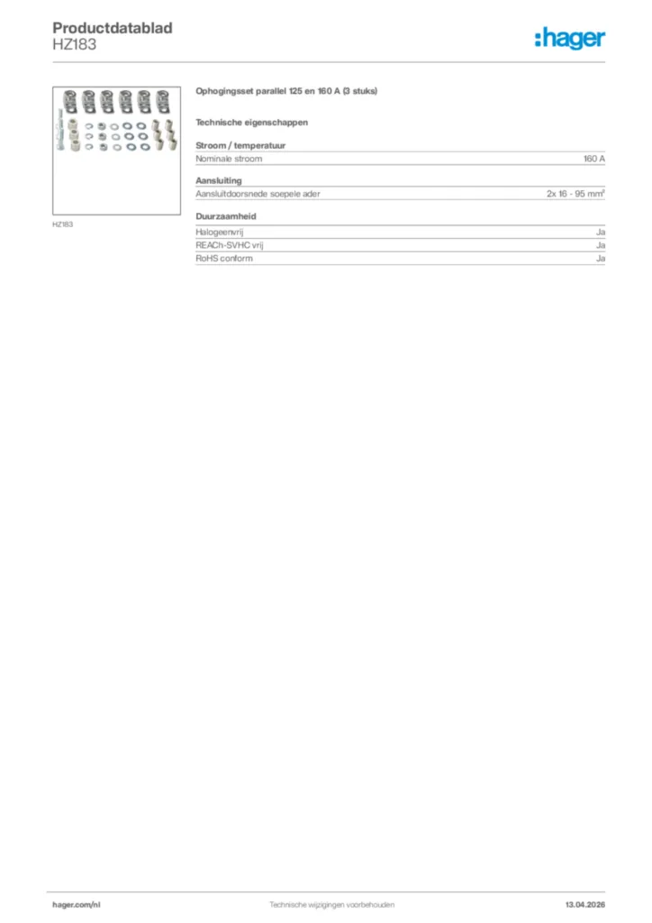 Afbeelding Hager Productdatablad HZ183 | Hager Nederland