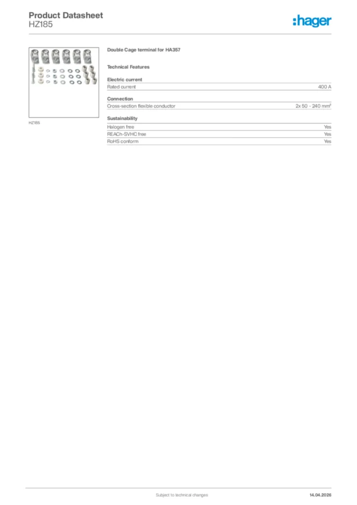 Image Hager Product data sheet HZ185  | Hager Africa