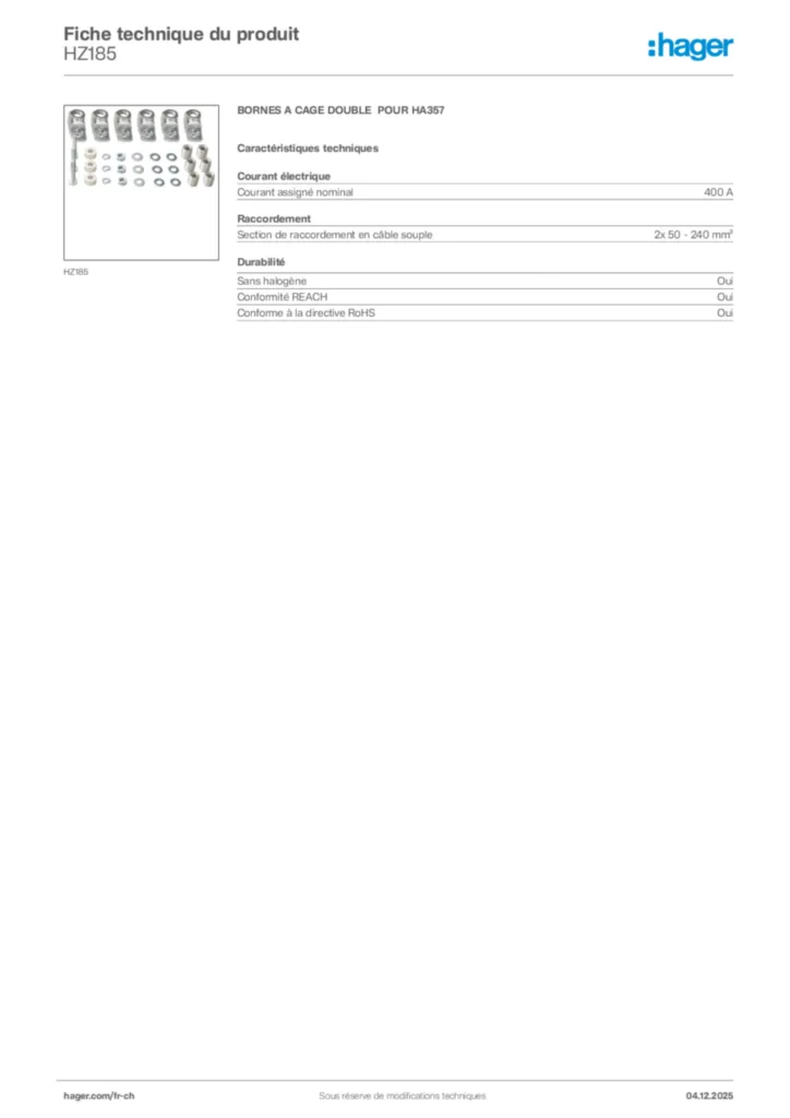 Image Hager Fiche technique du produit HZ185 | Hager Suisse