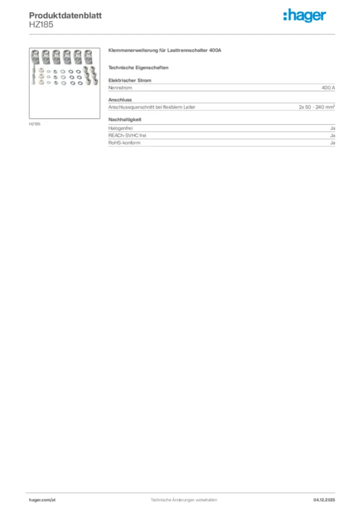Bild Hager Produktdatenblatt HZ185 | Hager Deutschland