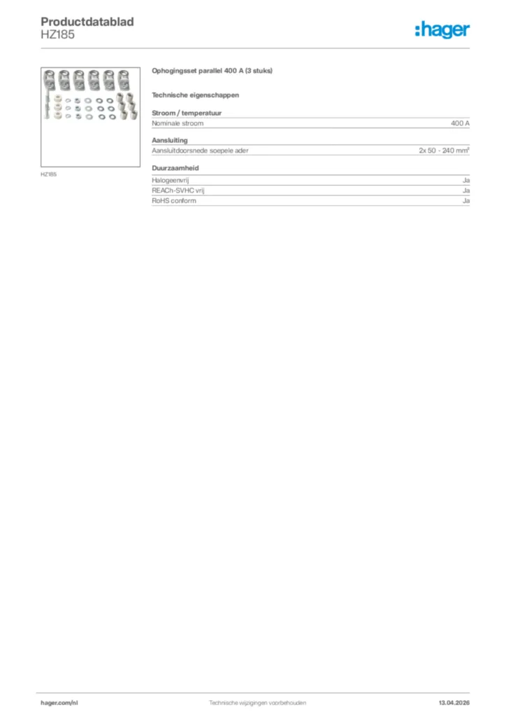 Afbeelding Hager Productdatablad HZ185 | Hager Nederland