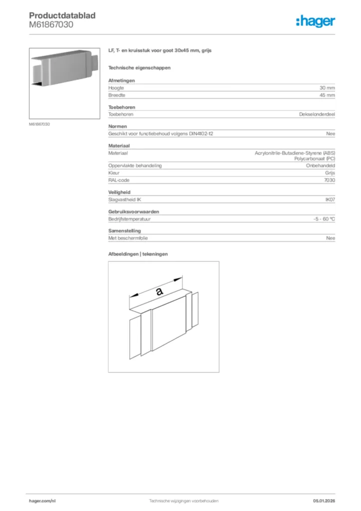 Afbeelding Hager Productdatablad M61867030 | Hager Nederland
