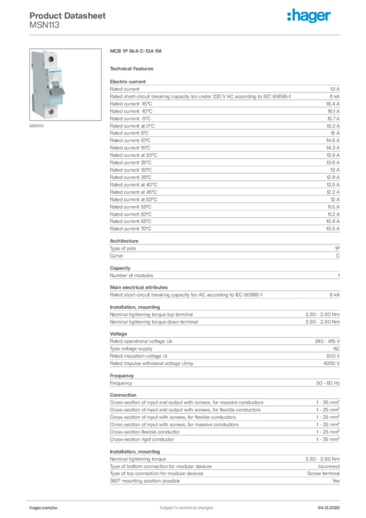 Image Hager Product data sheet MSN113  | Hager Australia
