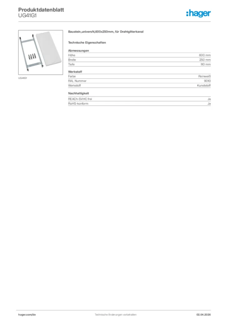 Bild Hager Produktdatenblatt UG41G1 | Hager Deutschland