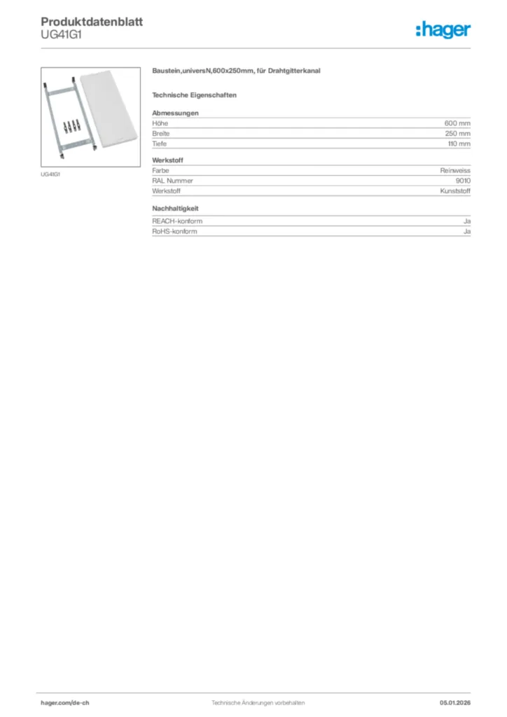 Bild Hager Produktdatenblatt UG41G1 | Hager Schweiz