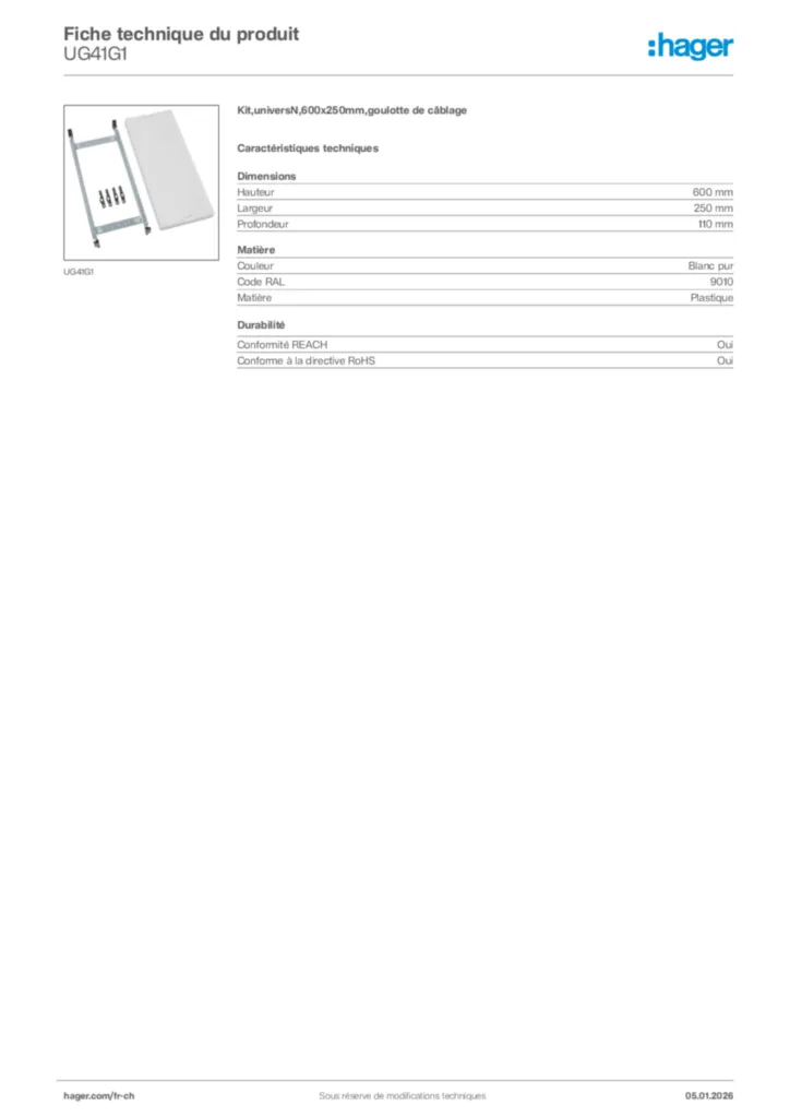 Image Hager Fiche technique du produit UG41G1 | Hager Suisse