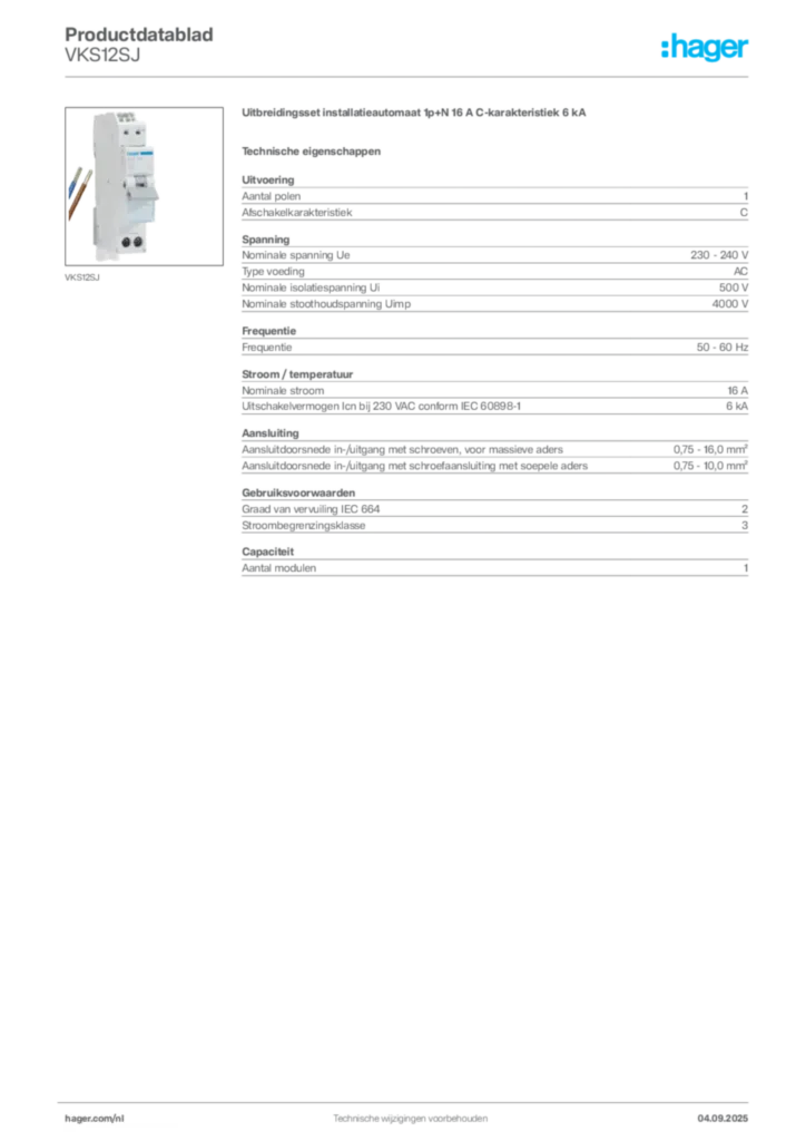 Afbeelding Hager Productdatablad VKS12SJ | Hager Nederland