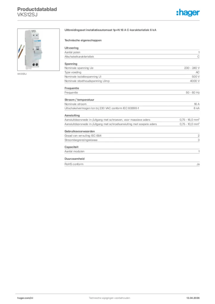 Afbeelding Hager Productdatablad VKS12SJ | Hager Nederland